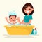 Happy mother washes her baby. Vector illustration in a flat style