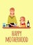 Happy motherhood banner with mother and daughter flat vector illustration.