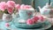 Happy Mothers Day aqua blue breakfast morning tea vintage retro shabby chic tray setting