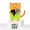 Happy Mothers day. Cat hugging baby kitten. Kittens on hands. Winner stand First place podium pedistal. Kitty hug. Animal family.