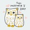 Happy Mothers day cute owl mama and son cartoon illustration