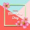 Happy Mothers Day greeting card. Coral colored geometric patterns Background. Flowers Sakura and frame template