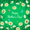 Happy Mothers Day greeting card. Grass with white chamomiles on green. Floral nature background.