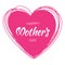 Happy Mothers Day hand drawn typographic lettering with purple pink scribble heart on white background.