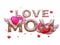 Happy mothers day with Love Mom balloon words and decoration, gift box, wing heart. Festive holiday celebration concept of love