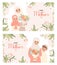 Happy Mothers Day posters. Cute muslim mother with son and daughter and bouquet flower. Islamic festive family