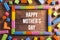 Happy Mothers Day sign. Frame composition. Wooden background.
