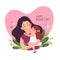 Happy motherâ€™s day card. Cute little girl hugging her mother in heart shaped