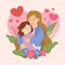 Happy motherâ€™s day card. Little girl hugging her mother in heart shaped.