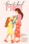 Happy motherâ€™s day greeting card. Cute girl giving to his mother bouquet of tulips.