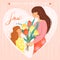 Happy motherâ€™s day greeting card. Daughter giving to his mother bouquet of tulips. Heart shape composition.