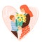 Happy motherâ€™s day greeting card. Son giving to his mother bouquet of narcissus. Heart shape composition.