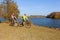 Happy mountain bike couple cycling outdoors