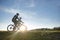 Happy mountainbike couple outdoors have fun together on a summer afternoon