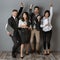 happy multicultural business people with folders and notebooks standing