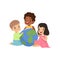 Happy multicultural little kids sitting around the globe together, friendship, unity concept vector Illustration on a