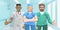 Happy multinational group of doctors in the medical interior, thumb up, success, luck, good, like. Cartoon character on a blue