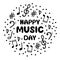 Happy music day hand drawn lettering phrase. Music signs, accidental, note symbols vector ornamen