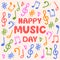 Happy music day hand drawn lettering phrase. Music signs, accidental, note symbols vector ornament