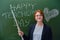 Happy music teacher smiles standing next to the blackboard. Teacher day greetings and a heart drawn in chalk on a green background