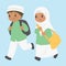 Happy Muslim Boy and Girl Running to School Vector