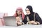 Happy muslim family online shopping
