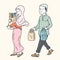 Happy Muslim family, simple line cartoon Illustration