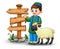 Happy muslim kid holding sheep with blank wood arrow sign