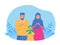 Happy Muslim parents and child pray on religious holiday characters on cartoon flat vector web banner