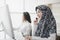 Happy muslim woman female with hijab call center customer support executive with headset working in office, education online, cust