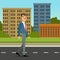 Happy mustached man walking down the street. City architecture background. Office worker character. Flat style cartoon