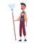 Happy mustachioed man gardener or farmer with pitchfork on a white background. Cartoon character of man farming concept