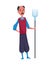Happy mustachioed man gardener or farmer with pitchfork on a white background. Cartoon character of man farming concept