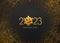 Happy New 2023 Year. Golden metallic luxury numbers 2023 with golden gift bow on shimmering background. Greeting card. Bursting