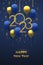 Happy New 2023 Year. Hanging Golden metallic numbers 2023 with 3D festive helium balloons and falling confetti on blue background