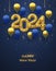 Happy New 2024 Year. Golden foil balloon numbers and inflatable holiday balloons on blue background. High detailed 3D realistic