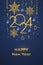 Happy New 2024 Year. Hanging Golden metallic numbers 2024 with shining snowflakes, 3D metallic stars, balls and confetti on blue