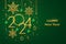Happy New 2024 Year. Hanging Golden metallic numbers 2024 with shining snowflakes, 3D metallic stars, balls and confetti on green