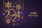 Happy New 2024 Year. Hanging Golden metallic numbers 2024 with shining snowflakes, 3D metallic stars, balls and confetti on purple