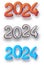 Happy New 2024 year. Orange, silver and blue foil shiny helium balloon numbers on light grey