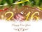 Happy New Year 2016 wishes with bauble, ribbons, snowflakes