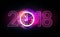 Happy New Year 2018 celebration with pink light abstract clock on futuristic technology background, countdown concept, vector