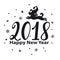 Happy new year 2018 hand drawn numbers graphic with jumping cartoon dog silhouette