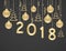 Happy New Year 2018. New Year background with golden hanging balls, Christmas trees and ribbons. Text, design element.