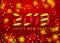 Happy New Year 2018 Vector Illustration on Shiny Red Background with 3d Number, Light Garland. Holiday Design Greeting