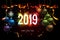 Happy new year 2019 background with christmas confetti gold and firework