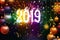 Happy new year 2019 background with christmas confetti gold and fireworks