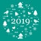 Happy New Year 2019 card. Christmas trees, birds, houses, gingerbread, bells, stars, hearts, snowflakes