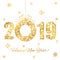 Happy New Year 2019. Decorative Font made of swirls and floral elements. Golden Numbers and Christmas wreath isolated on a white