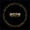 Happy New Year 2019. Gold bright disco lights. Halftone circle frame. Happy new year card background.